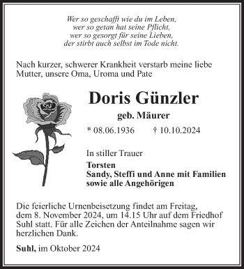 Traueranzeige von Doris Günzler von Südthüringer Presse