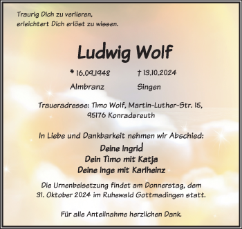 Traueranzeige von Ludwig Wolf von Frankenpost