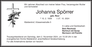 Traueranzeige von Johanna Spörrer von Frankenpost