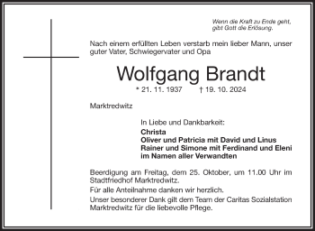 Traueranzeige von Wolfgang Brandt von Frankenpost