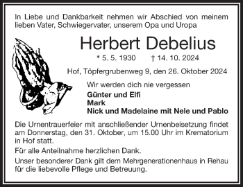 Traueranzeige von Herbert Debelius von Frankenpost