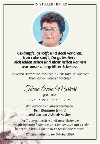 Traueranzeige von Teresa Anna Markert von Südthüringer Presse