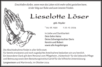 Traueranzeige von Lieselotte Löser von Südthüringer Presse