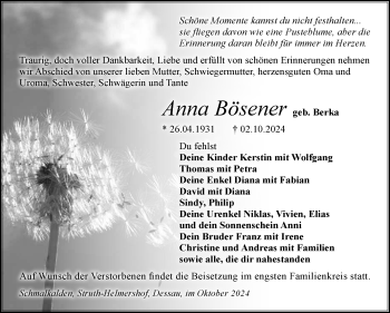 Traueranzeige von Anna Bösener von Südthüringer Presse