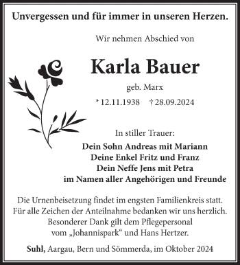 Traueranzeige von Karla Bauer von Südthüringer Presse