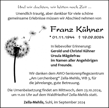 Traueranzeige von Franz Kühner von Südthüringer Presse