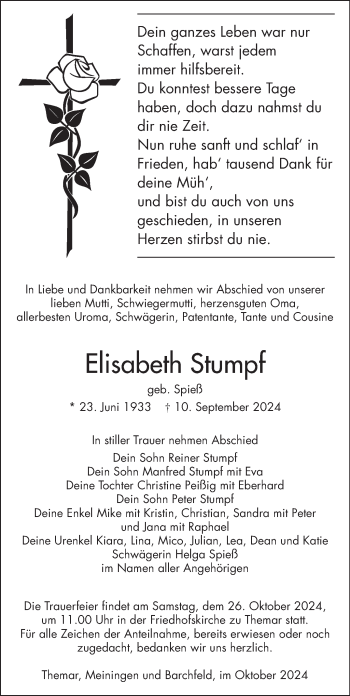 Traueranzeige von Elisabeth Stumpf von Südthüringer Presse