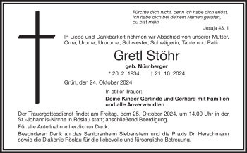 Traueranzeige von Gretl Stöhr von Frankenpost