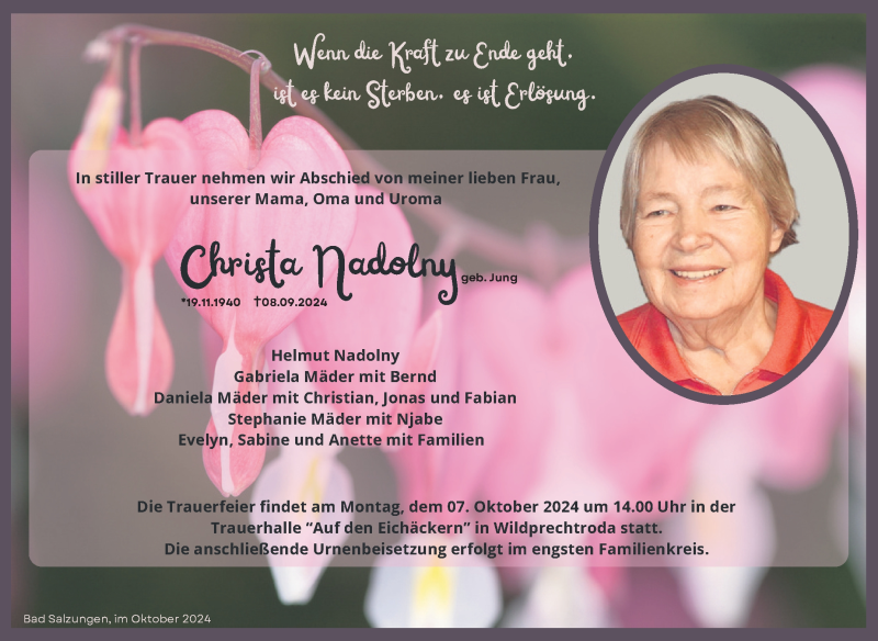  Traueranzeige für Christa Nadolny vom 01.10.2024 aus Südthüringer Presse