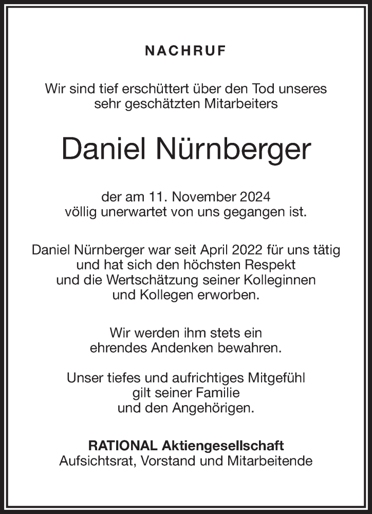  Traueranzeige für Daniel Nürnberger vom 30.11.2024 aus Frankenpost