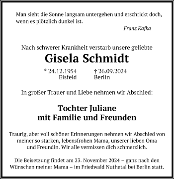 Traueranzeige von Gisela Schmidt von Südthüringer Presse