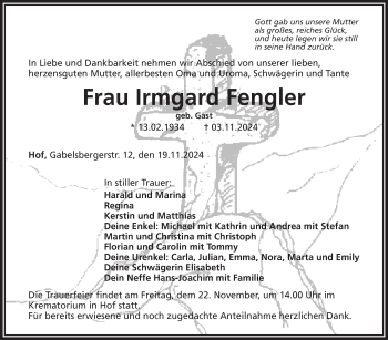 Traueranzeige von Irmgard Fengler von Frankenpost