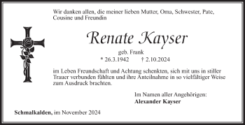 Traueranzeige von Renate Kayser von Südthüringer Presse