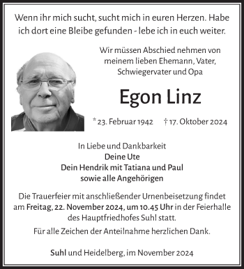 Traueranzeige von Egon Linz von Südthüringer Presse