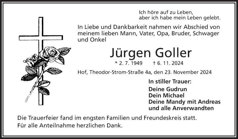  Traueranzeige für Jürgen Goller vom 23.11.2024 aus Frankenpost