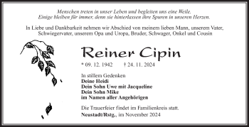 Traueranzeige von Reiner Cipin von Südthüringer Presse