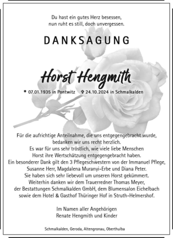 Traueranzeige von Horst Hengmith von Südthüringer Presse