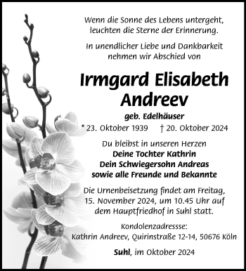 Traueranzeige von Irmgard Elisabeth Andreev von Südthüringer Presse