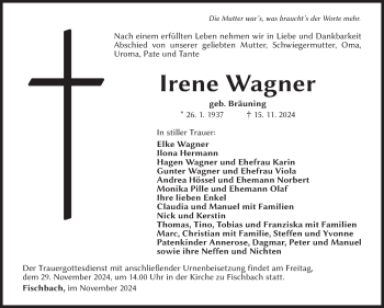 Traueranzeige von Irene Wagner von Südthüringer Presse