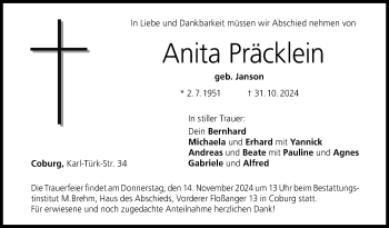 Traueranzeige von Anita Präcklein von Neue Presse Coburg