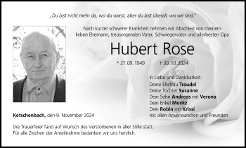 Traueranzeige von Hubert Rose von Neue Presse Coburg