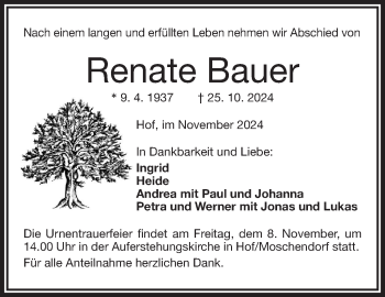 Traueranzeige von Renate Bauer von Frankenpost