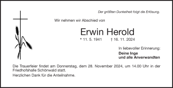 Traueranzeige von Erwin Herold von Frankenpost