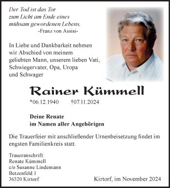 Traueranzeige von Rainer Kümmell von Südthüringer Presse