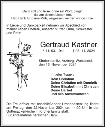 Traueranzeige von Gertraud Kasnter von Frankenpost