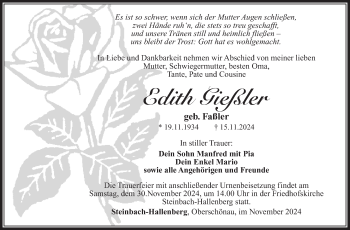 Traueranzeige von Edith Gießler von Südthüringer Presse