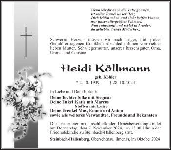 Traueranzeige von Heidi Köllmann von Südthüringer Presse