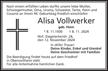 Traueranzeige von Alisa Vollwerker von Frankenpost