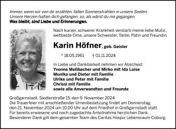 Traueranzeige von Karin Höfner von Neue Presse Coburg