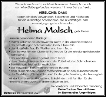 Traueranzeige von Helma Malsch von Südthüringer Presse