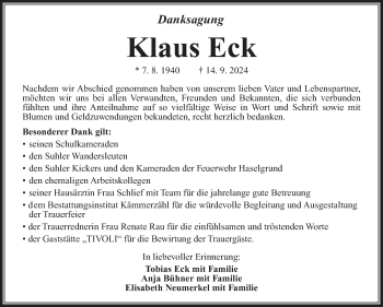 Traueranzeige von Klaus Eck von Südthüringer Presse