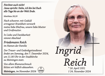 Traueranzeige von Ingrid Reich von Südthüringer Presse