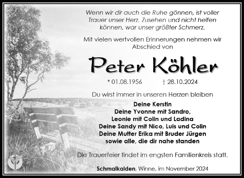  Traueranzeige für Peter Köhler vom 08.11.2024 aus Südthüringer Presse