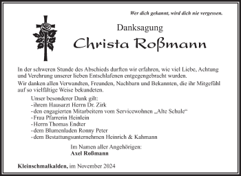 Traueranzeige von Christa Roßmann von Südthüringer Presse