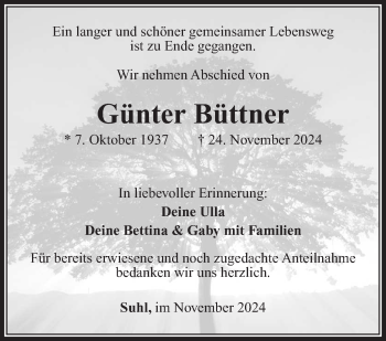 Traueranzeige von Günter Büttner von Südthüringer Presse