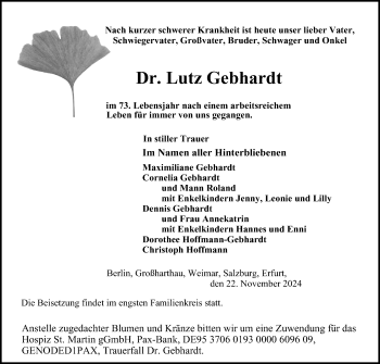 Traueranzeige von Dr. Lutz Gebhardt von Südthüringer Presse