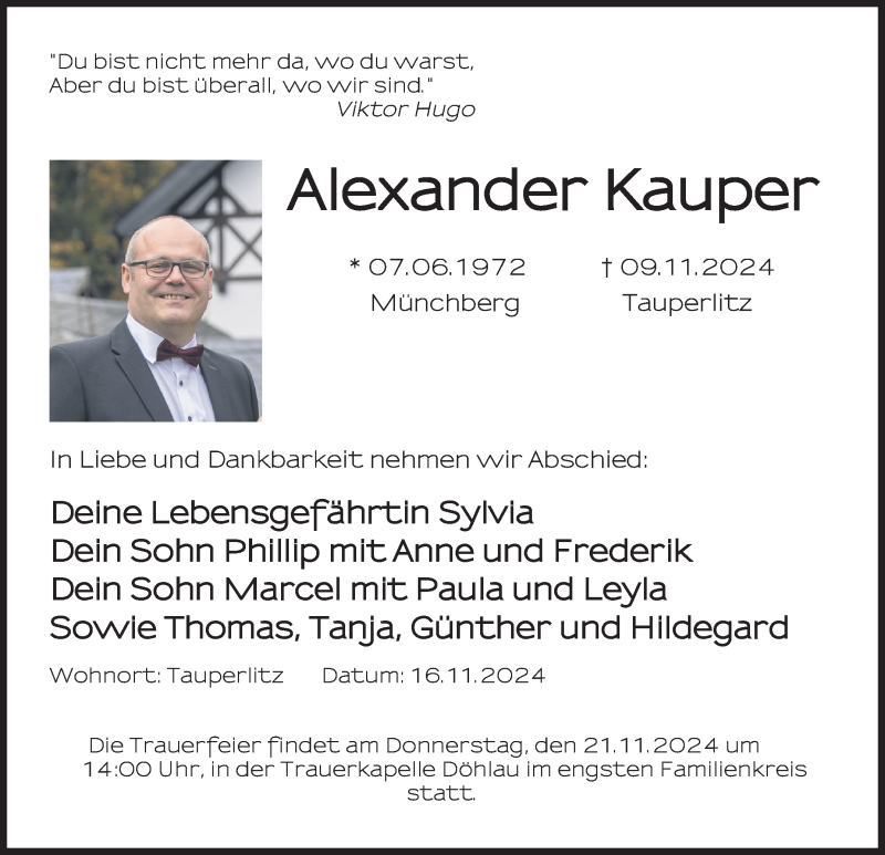  Traueranzeige für Alexander Kauper vom 16.11.2024 aus Frankenpost