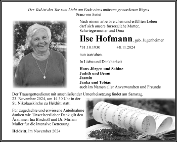 Traueranzeige von Ilse Hofmann von Neue Presse Coburg