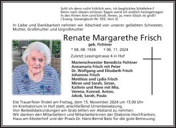 Traueranzeige von Renate, Margarethe Frisch von Frankenpost