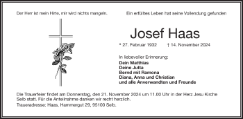 Traueranzeige von Josef Haas von Frankenpost