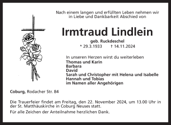 Traueranzeige von Irmtraud Lindlein von Neue Presse Coburg