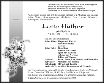 Traueranzeige von Lotte Hüther von Südthüringer Presse