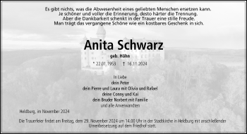 Traueranzeige von Anita Schwarz von Südthüringer Presse