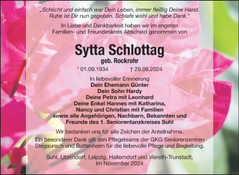 Traueranzeige von Sytta Schlottag von Südthüringer Presse