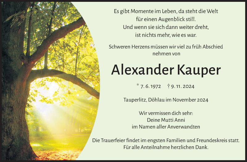  Traueranzeige für Alexander Kauper vom 16.11.2024 aus Frankenpost