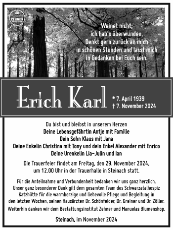 Traueranzeige von Erich Karl von Südthüringer Presse